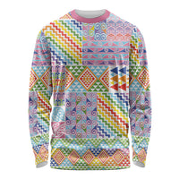 Aotearoa Kowhaiwhai Taniko Patchwork Rainbow Motifs Long Sleeve Shirt LT9 Unisex Rainbow - Polynesian Pride