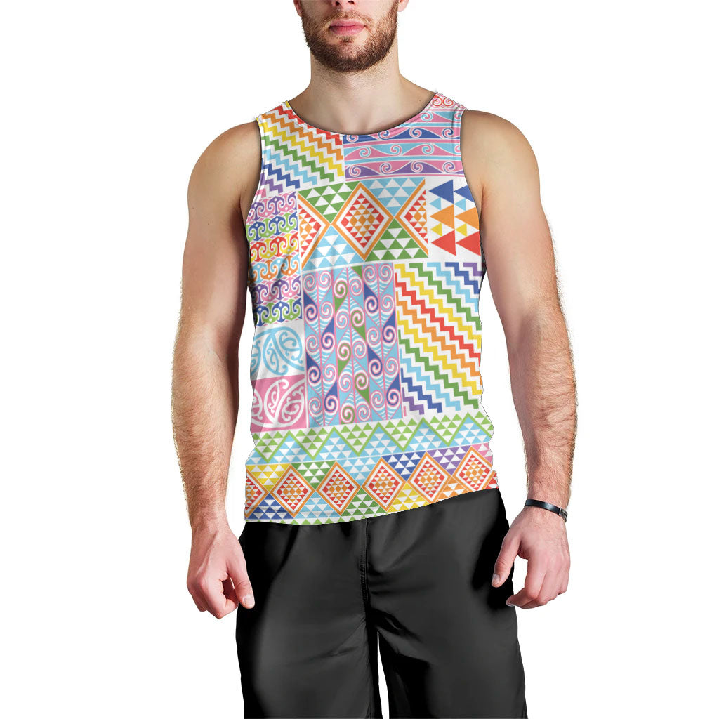 Aotearoa Kowhaiwhai Taniko Patchwork Rainbow Motifs Men Tank Top LT9 - Polynesian Pride