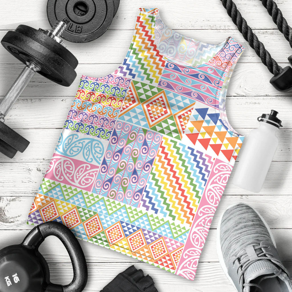 Aotearoa Kowhaiwhai Taniko Patchwork Rainbow Motifs Men Tank Top LT9 - Polynesian Pride