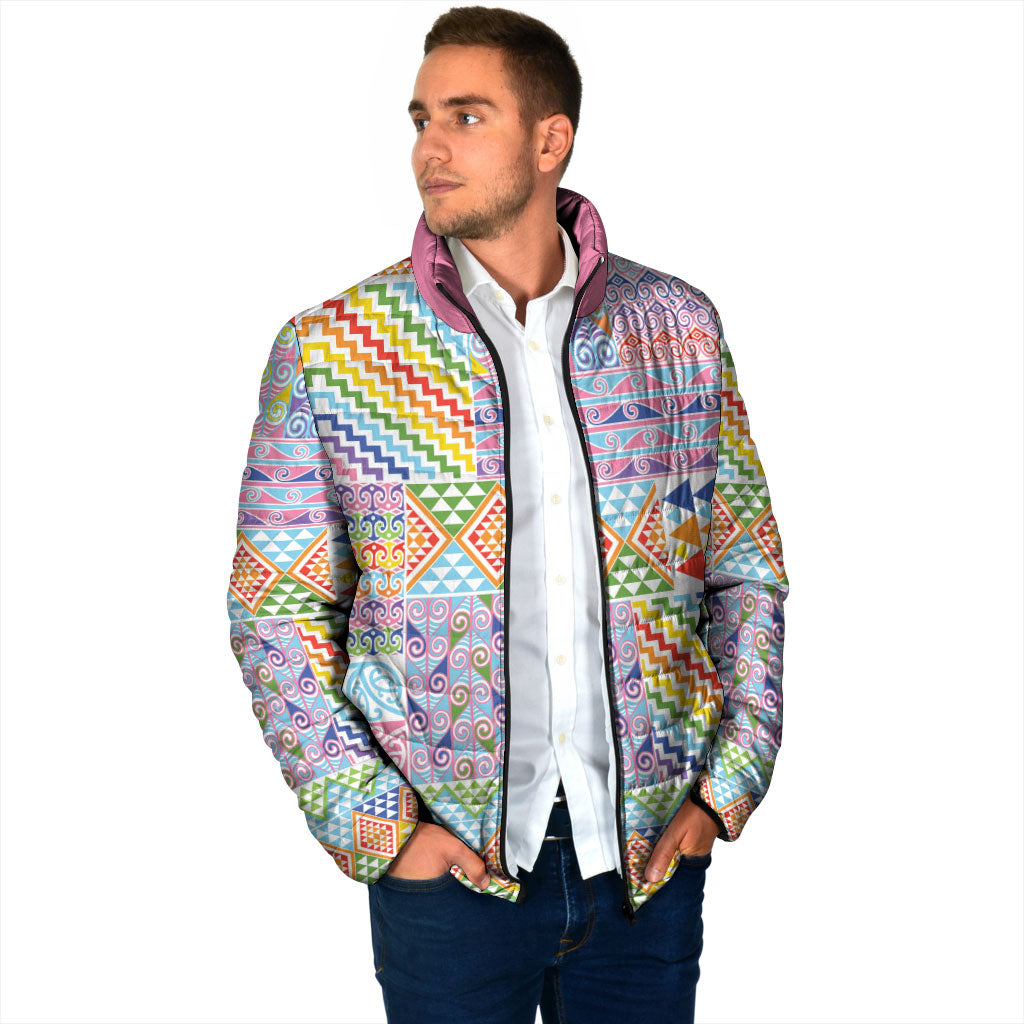 Aotearoa Kowhaiwhai Taniko Patchwork Rainbow Motifs Padded Jacket LT9 - Polynesian Pride