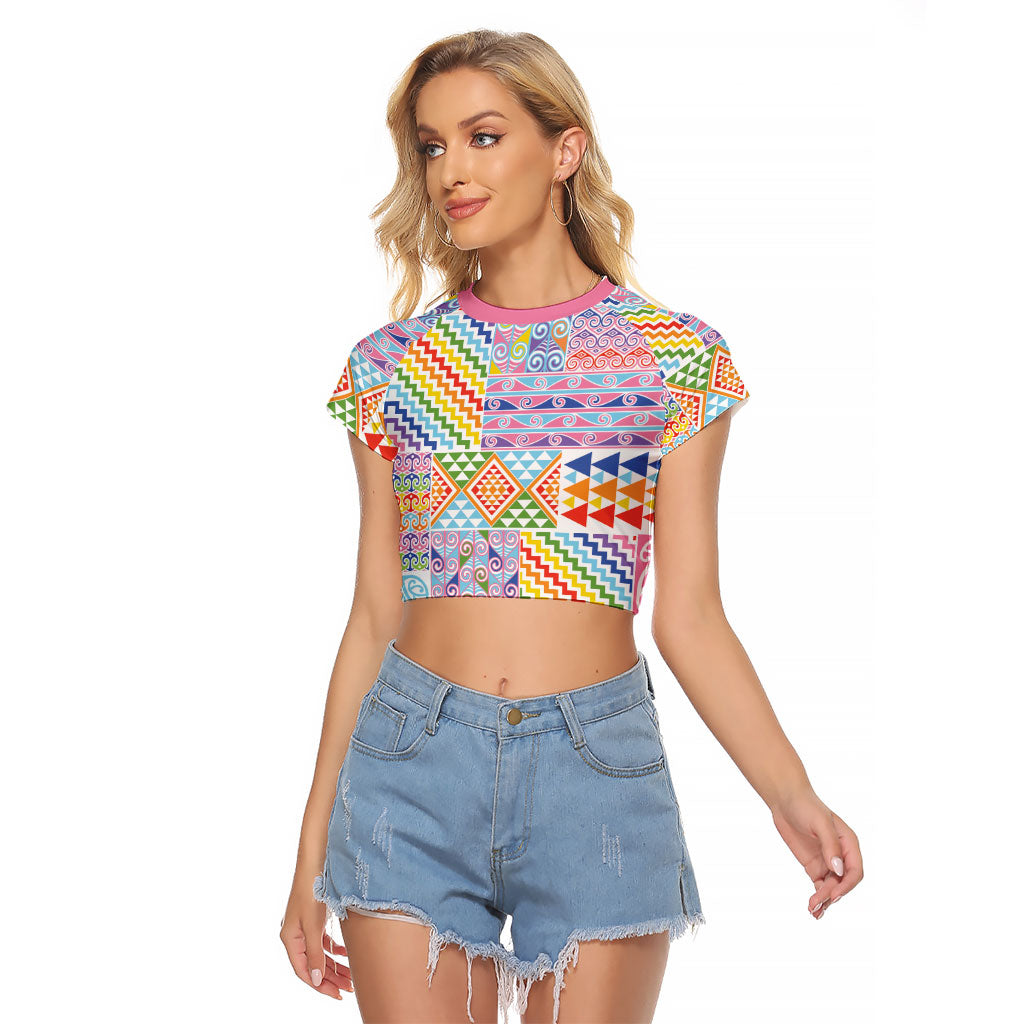 Aotearoa Kowhaiwhai Taniko Patchwork Rainbow Motifs Raglan Cropped T Shirt