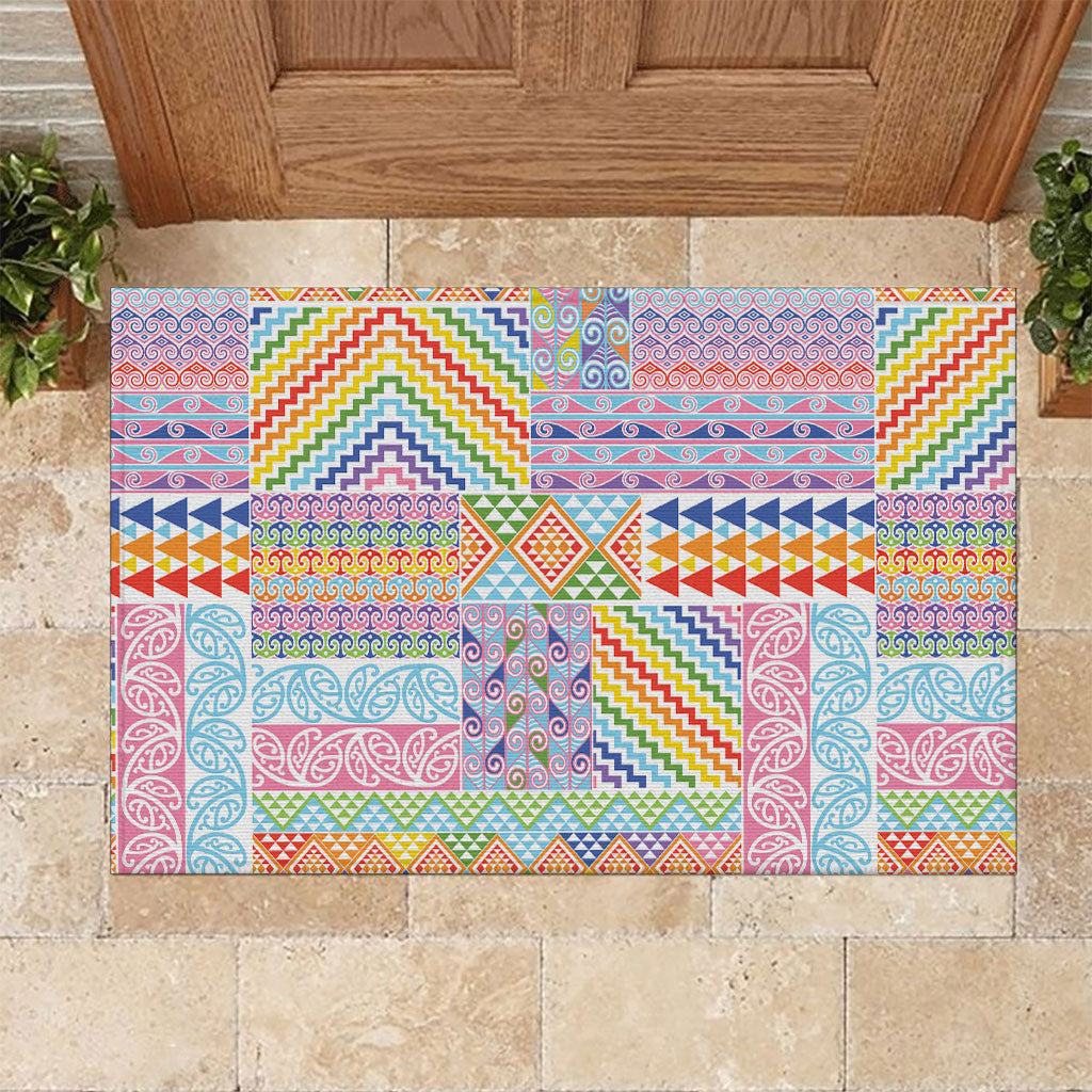 Aotearoa Kowhaiwhai Taniko Patchwork Rainbow Motifs Rubber Doormat LT9 Rainbow - Polynesian Pride