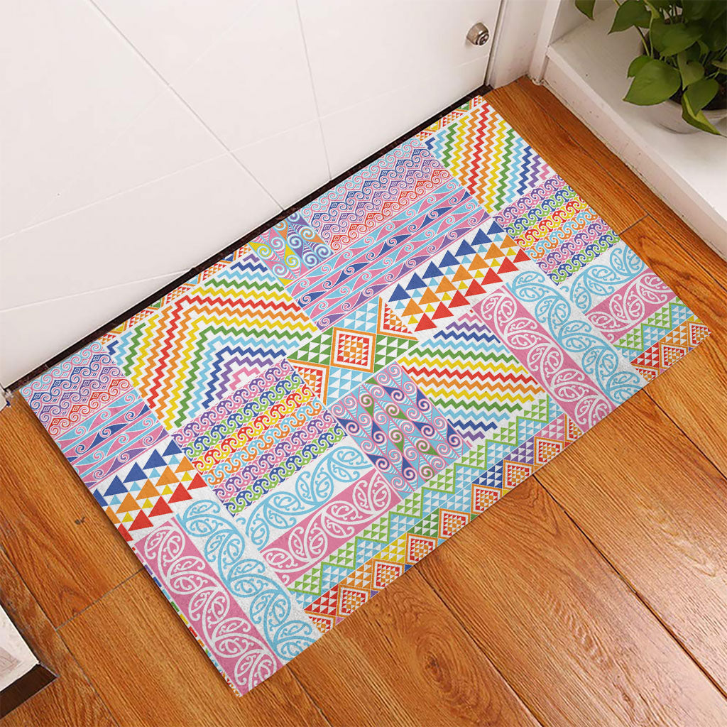 Aotearoa Kowhaiwhai Taniko Patchwork Rainbow Motifs Rubber Doormat