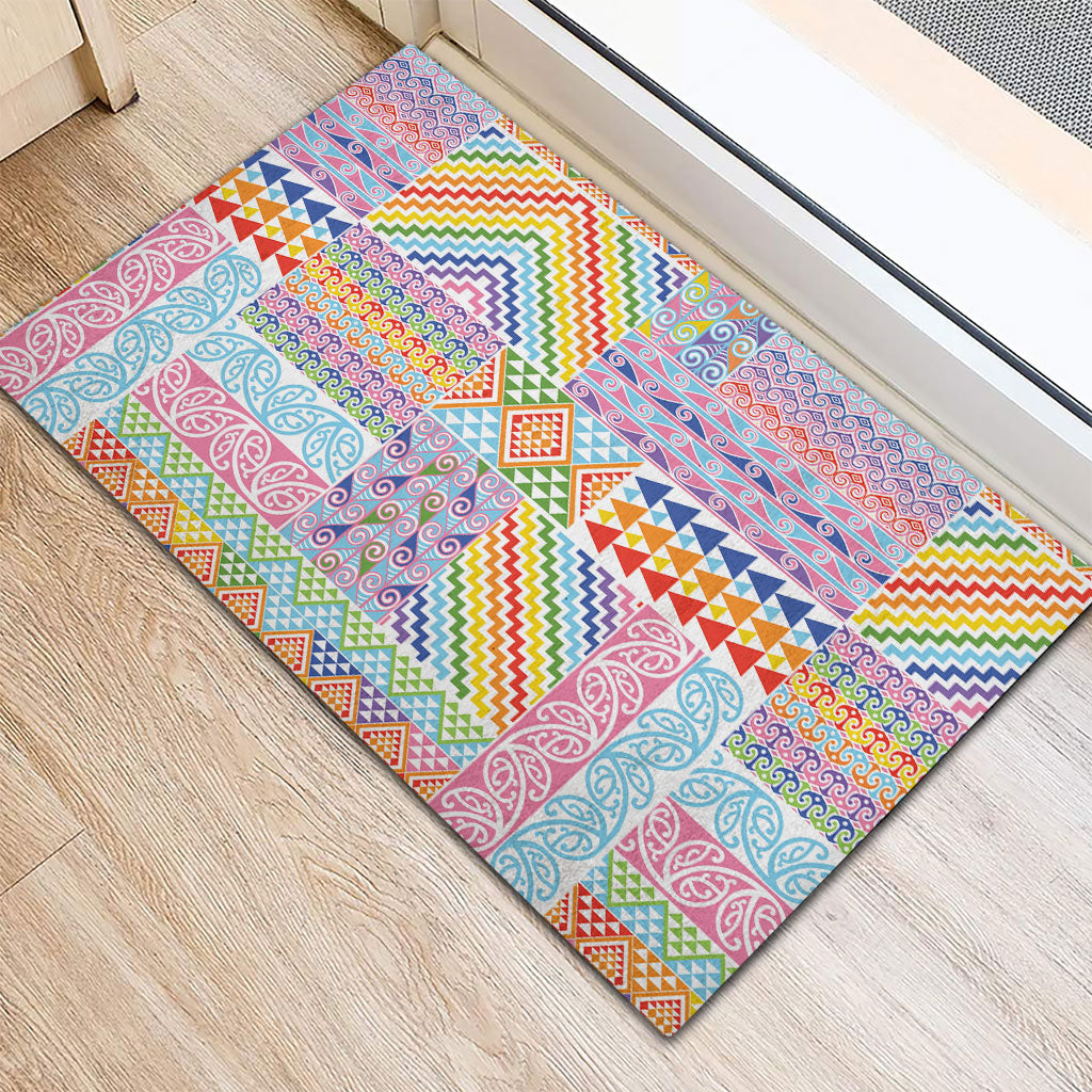 Aotearoa Kowhaiwhai Taniko Patchwork Rainbow Motifs Rubber Doormat