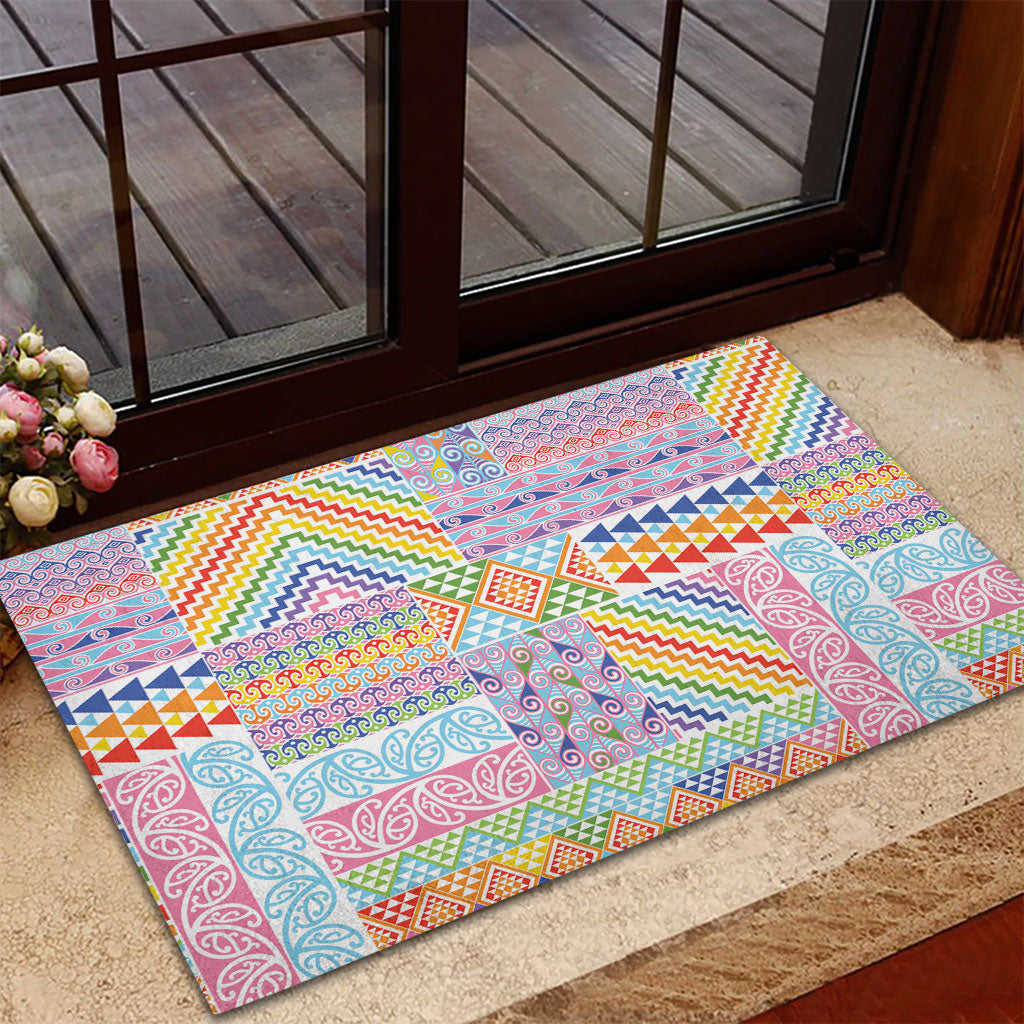 Aotearoa Kowhaiwhai Taniko Patchwork Rainbow Motifs Rubber Doormat