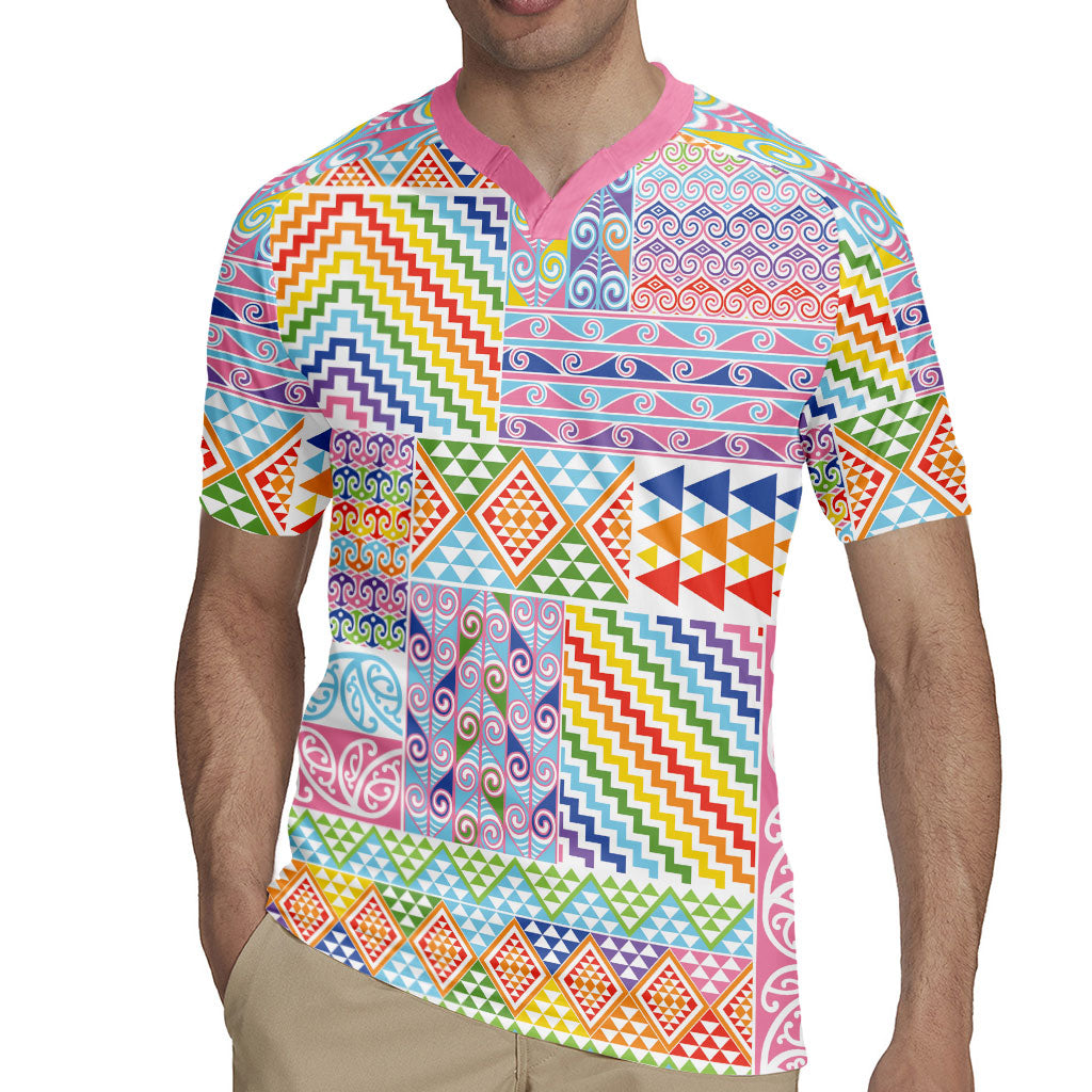 Aotearoa Kowhaiwhai Taniko Patchwork Rainbow Motifs Rugby Jersey