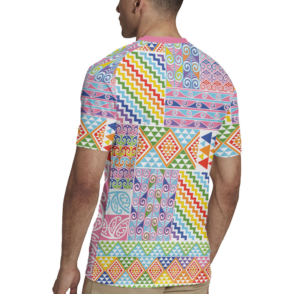 Aotearoa Kowhaiwhai Taniko Patchwork Rainbow Motifs Rugby Jersey