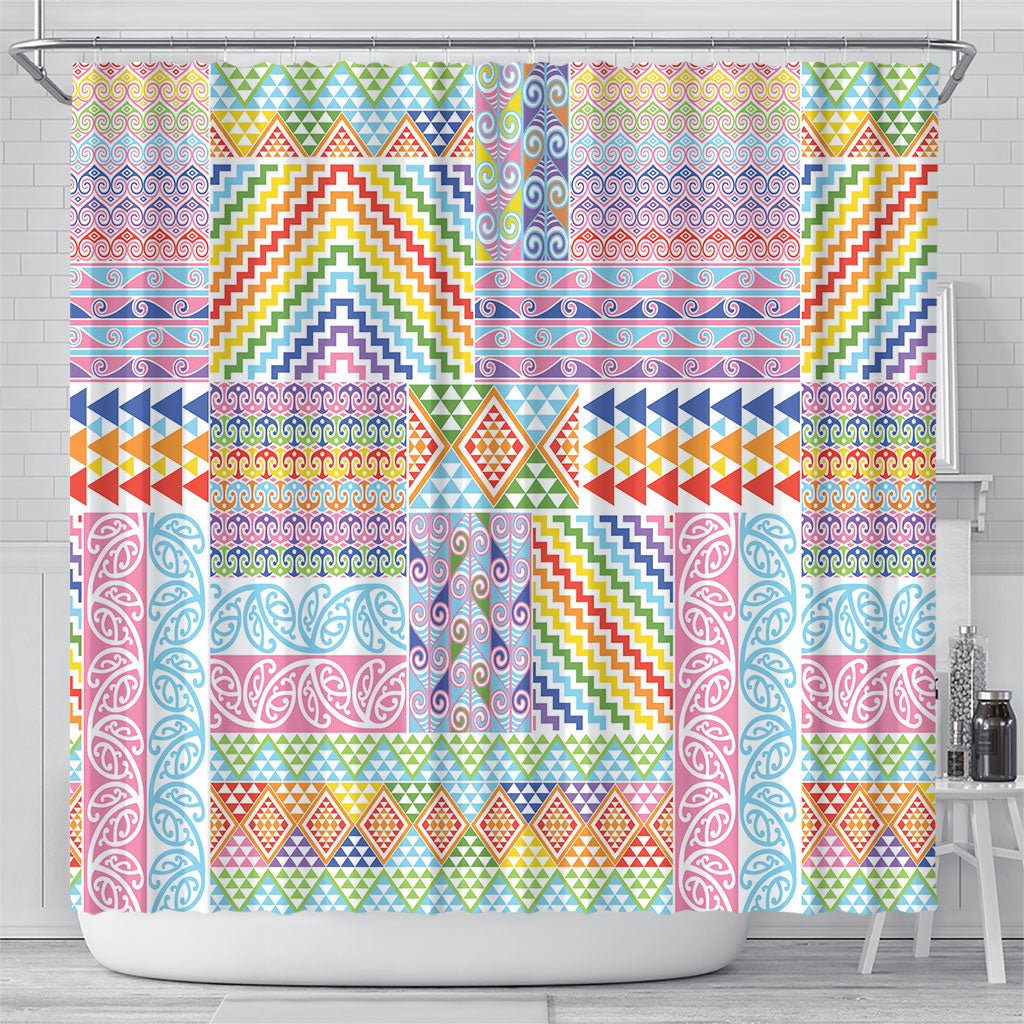 Aotearoa Kowhaiwhai Taniko Patchwork Rainbow Motifs Shower Curtain