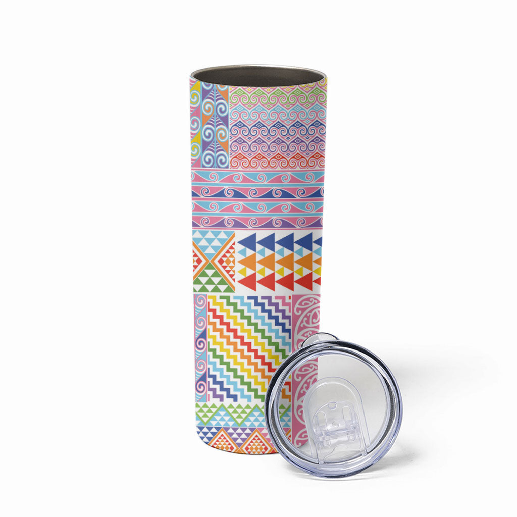 Aotearoa Kowhaiwhai Taniko Patchwork Rainbow Motifs Skinny Tumbler LT9 - Polynesian Pride