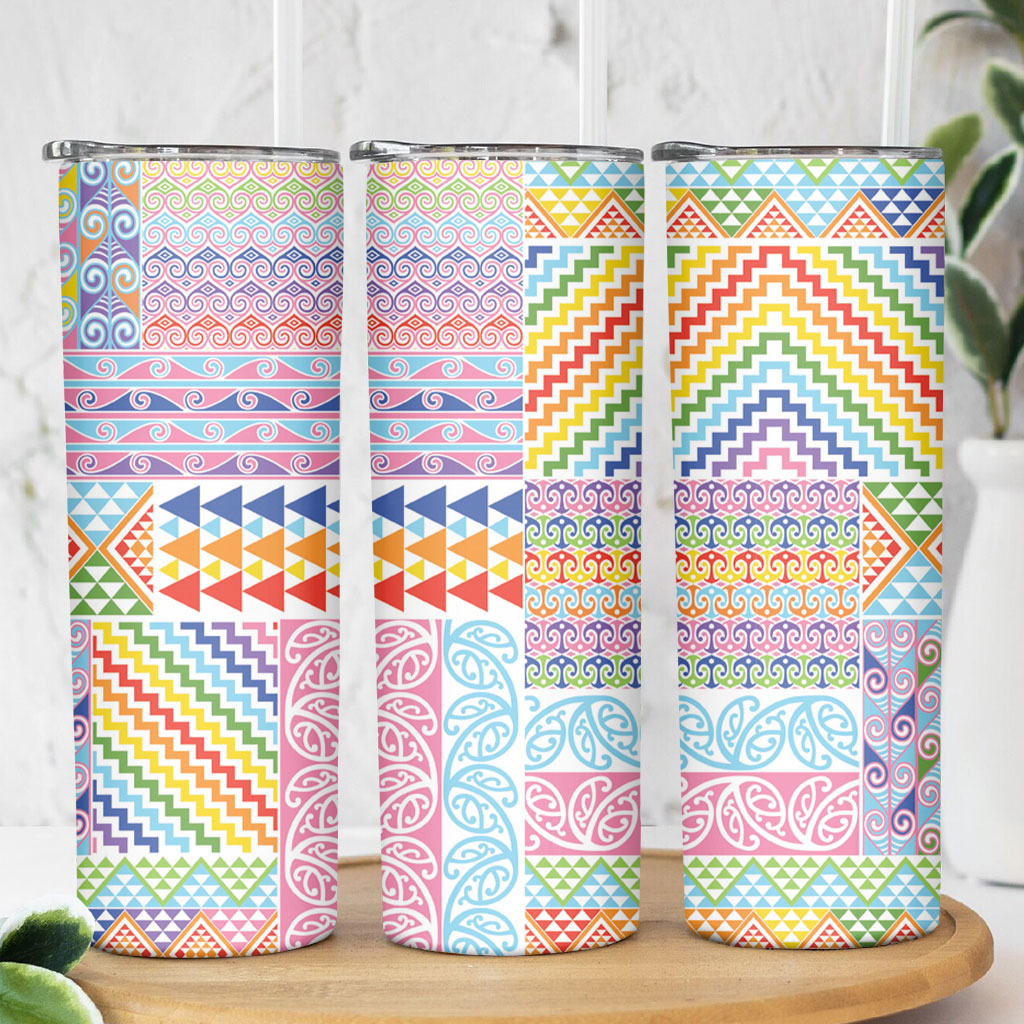 Aotearoa Kowhaiwhai Taniko Patchwork Rainbow Motifs Skinny Tumbler LT9 - Polynesian Pride