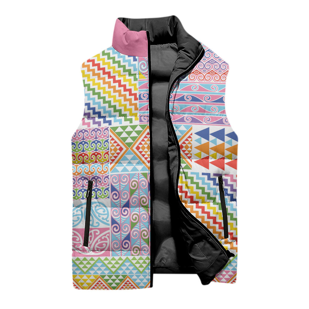 Aotearoa Kowhaiwhai Taniko Patchwork Rainbow Motifs Sleeveless Puffer Jacket