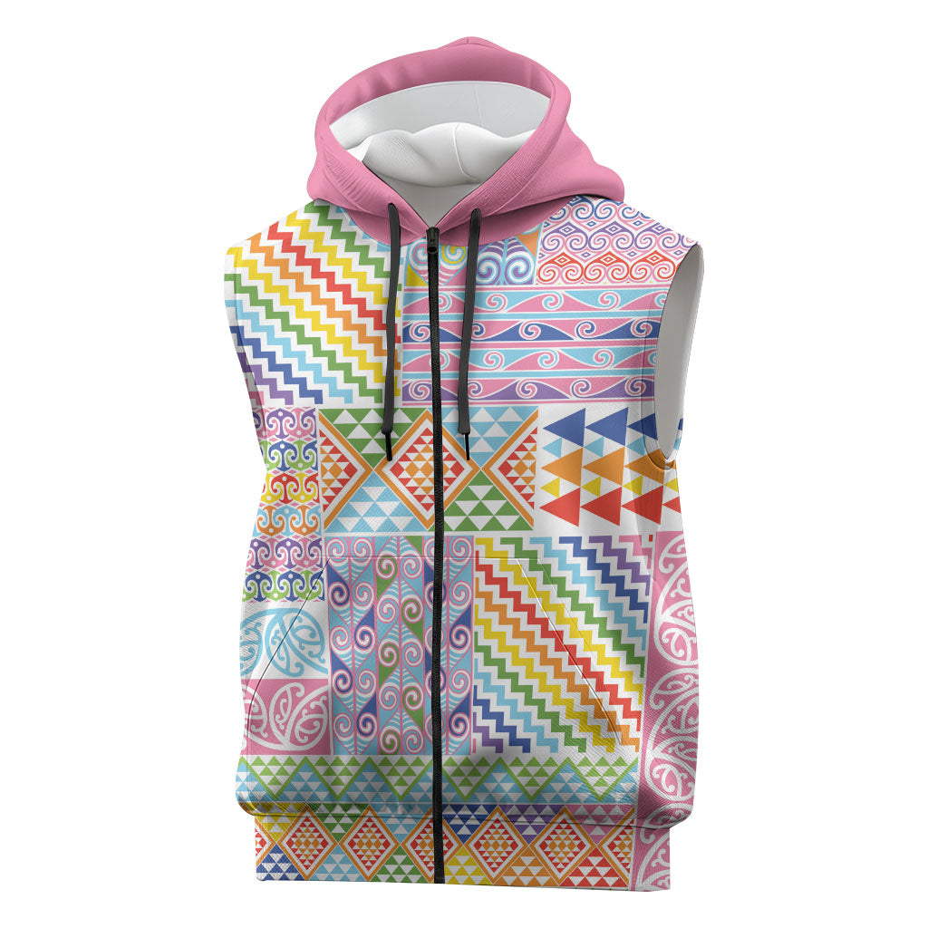 Aotearoa Kowhaiwhai Taniko Patchwork Rainbow Motifs Sleeveless Zip Hoodie LT9 Rainbow - Polynesian Pride