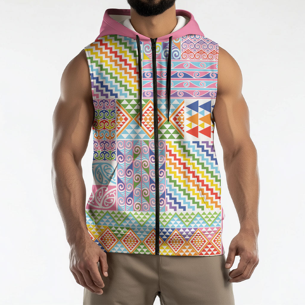 Aotearoa Kowhaiwhai Taniko Patchwork Rainbow Motifs Sleeveless Zip Hoodie LT9 - Polynesian Pride
