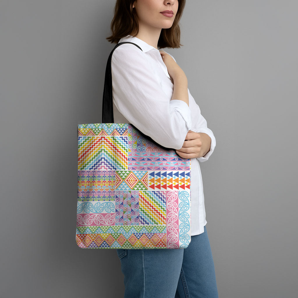 Aotearoa Kowhaiwhai Taniko Patchwork Rainbow Motifs Tote Bag
