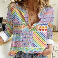 Aotearoa Kowhaiwhai Taniko Patchwork Rainbow Motifs Women Casual Shirt LT9 Female Rainbow - Polynesian Pride