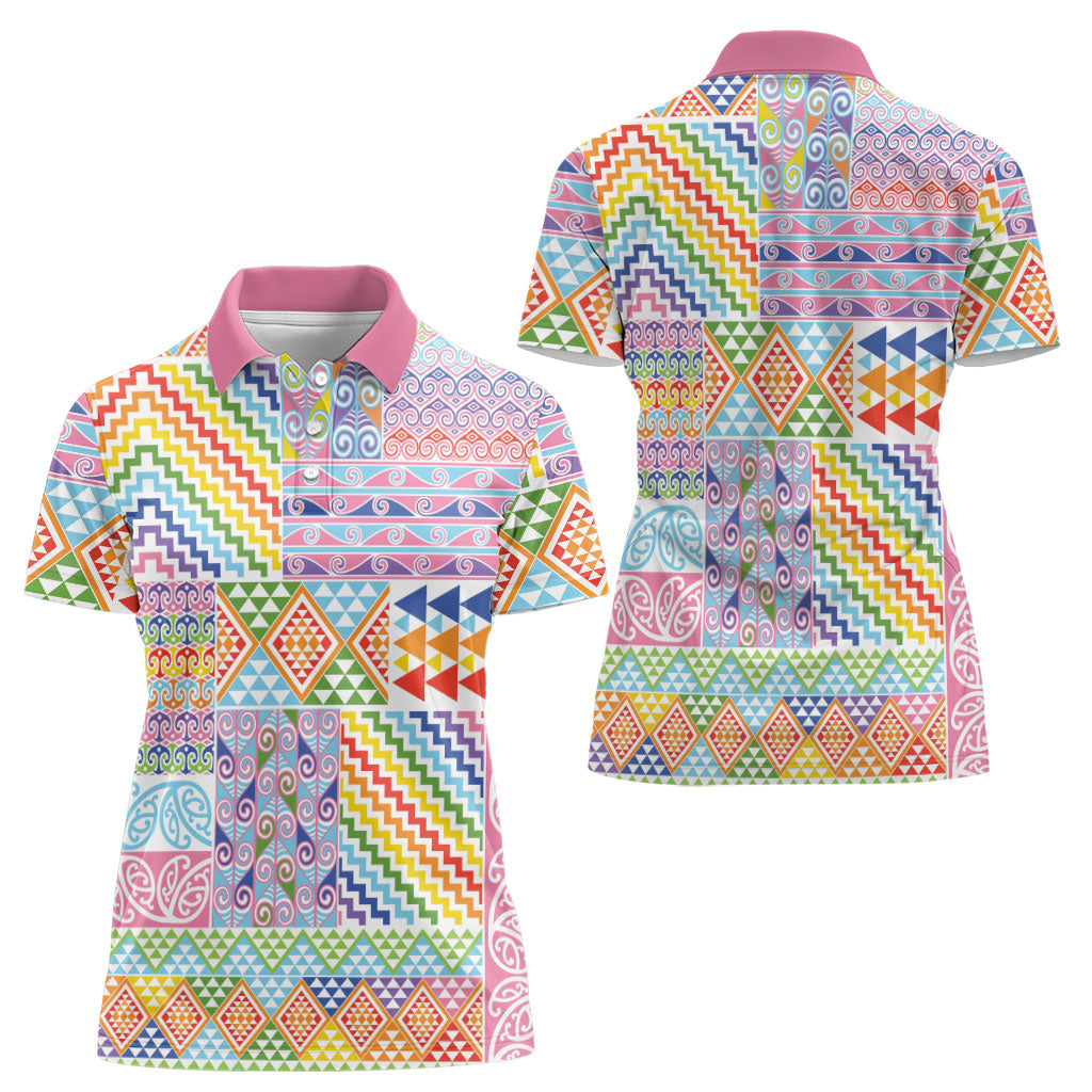 Aotearoa Kowhaiwhai Taniko Patchwork Rainbow Motifs Women Polo Shirt LT9 - Polynesian Pride