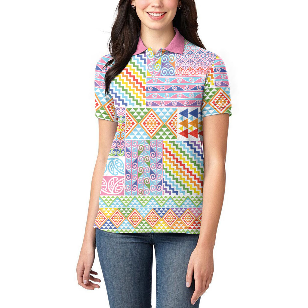 Aotearoa Kowhaiwhai Taniko Patchwork Rainbow Motifs Women Polo Shirt LT9 - Polynesian Pride