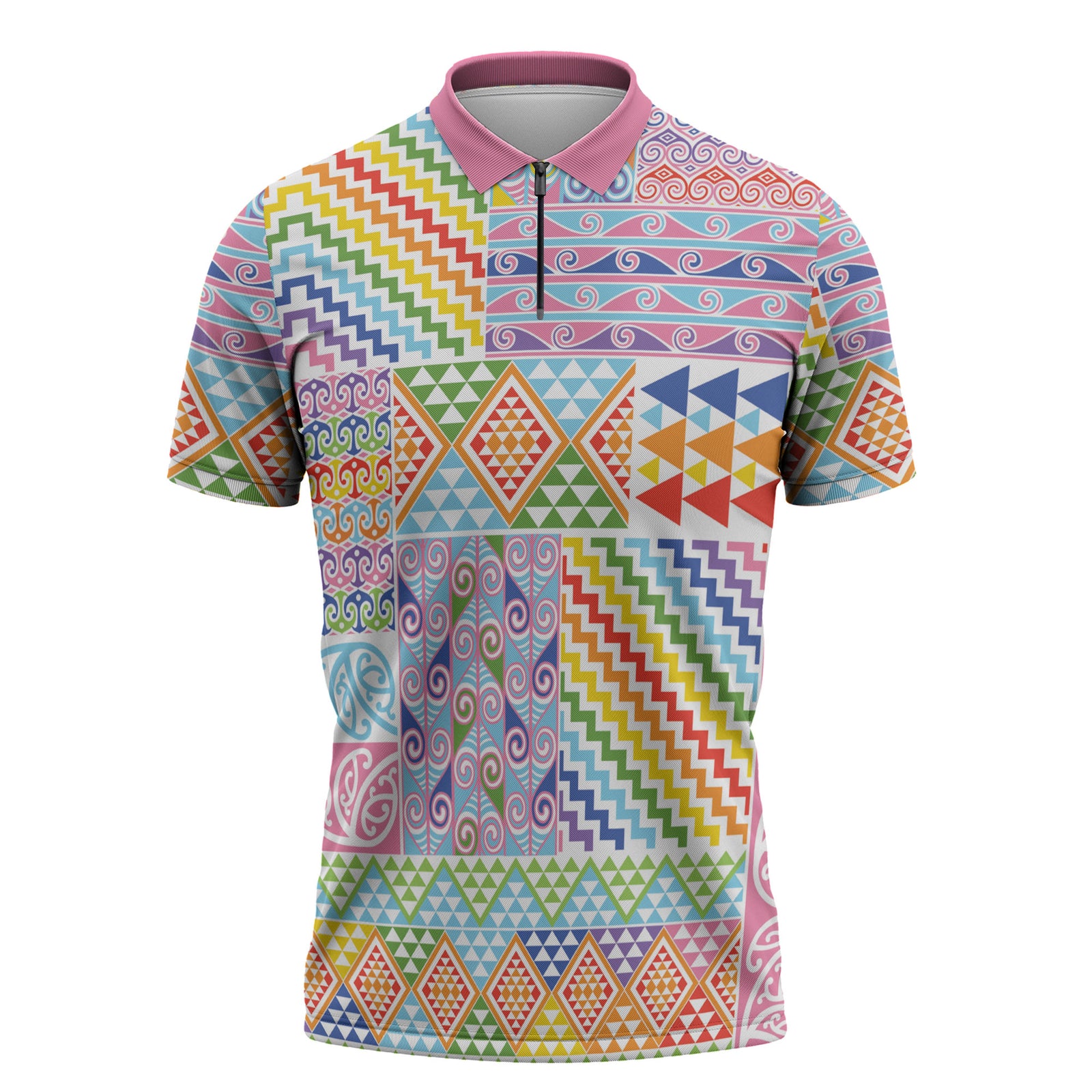 Aotearoa Kowhaiwhai Taniko Patchwork Rainbow Motifs Zipper Polo Shirt