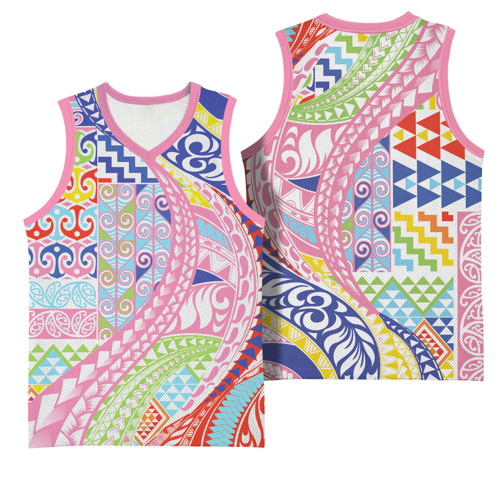 Maori Kowhaiwhai Taniko Patchwork Rainbow Motifs Basketball Jersey