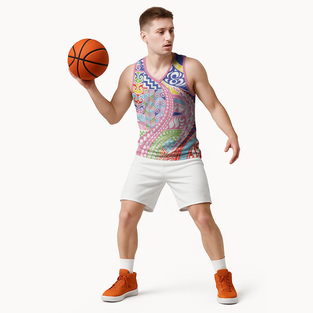 Maori Kowhaiwhai Taniko Patchwork Rainbow Motifs Basketball Jersey