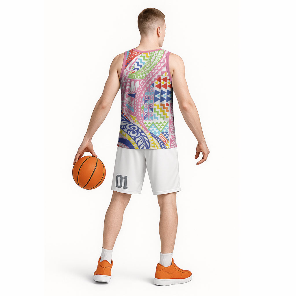 Maori Kowhaiwhai Taniko Patchwork Rainbow Motifs Basketball Jersey
