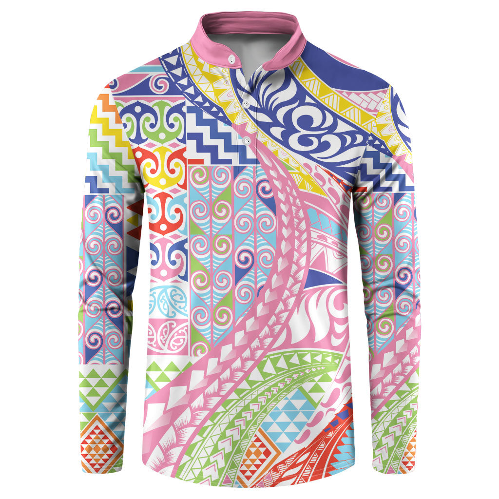Maori Kowhaiwhai Taniko Patchwork Rainbow Motifs Button Sweatshirt
