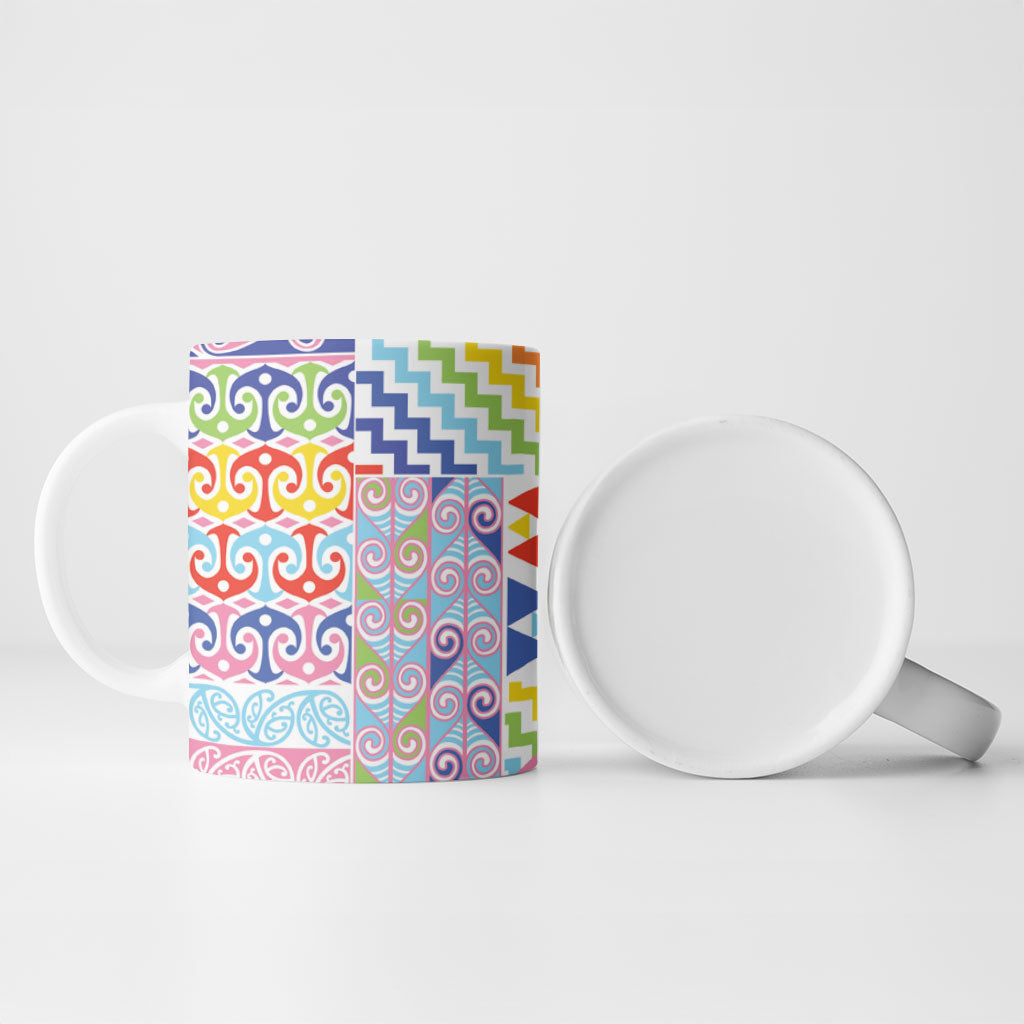 Maori Kowhaiwhai Taniko Patchwork Rainbow Motifs Ceramic Mug