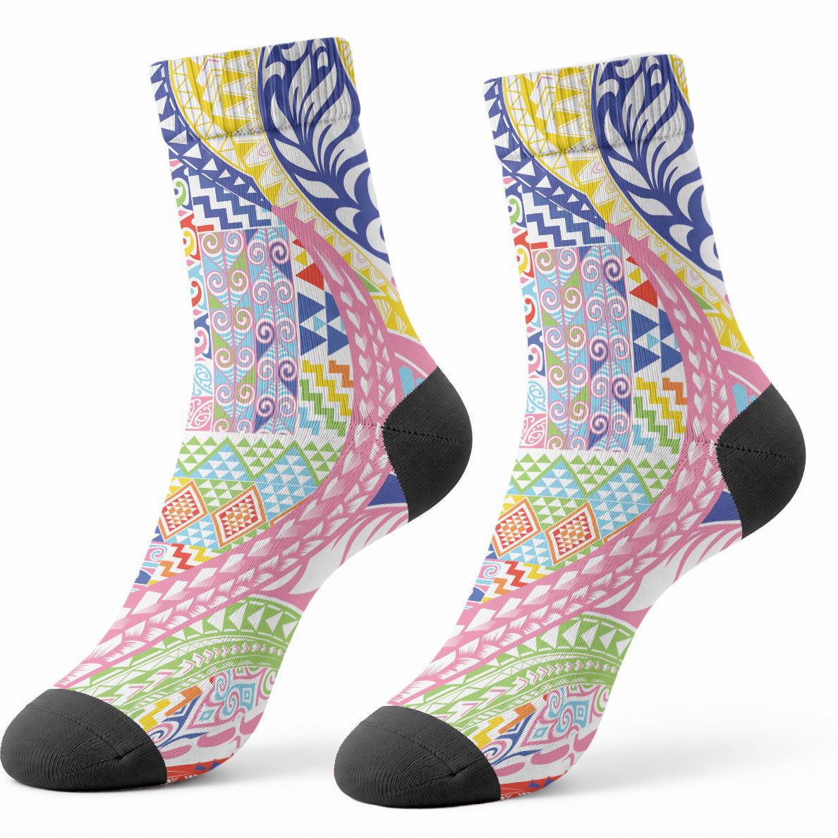 Maori Kowhaiwhai Taniko Patchwork Rainbow Motifs Crew Socks LT9 - Polynesian Pride