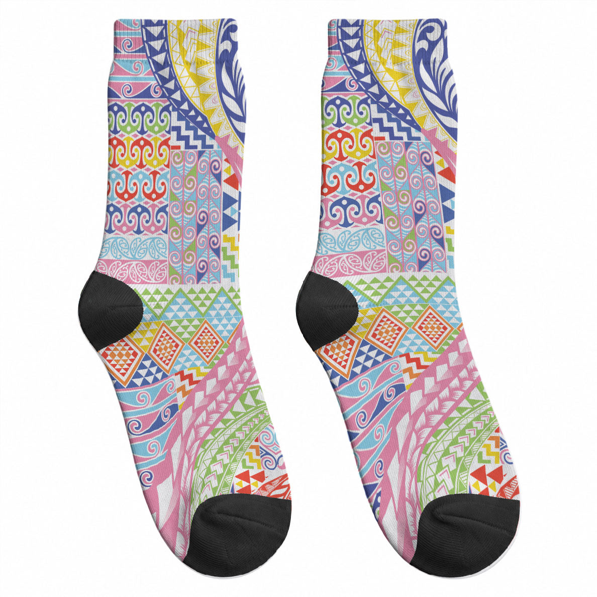 Maori Kowhaiwhai Taniko Patchwork Rainbow Motifs Crew Socks LT9 - Polynesian Pride