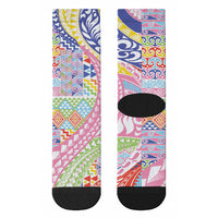 Maori Kowhaiwhai Taniko Patchwork Rainbow Motifs Crew Socks LT9 - Polynesian Pride