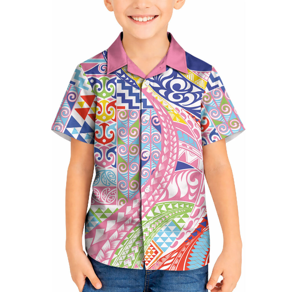 Maori Kowhaiwhai Taniko Patchwork Rainbow Motifs Kid Hawaiian Shirt LT9 Kid Rainbow - Polynesian Pride
