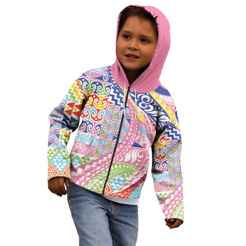 Maori Kowhaiwhai Taniko Patchwork Rainbow Motifs Kid Hoodie LT9 - Polynesian Pride