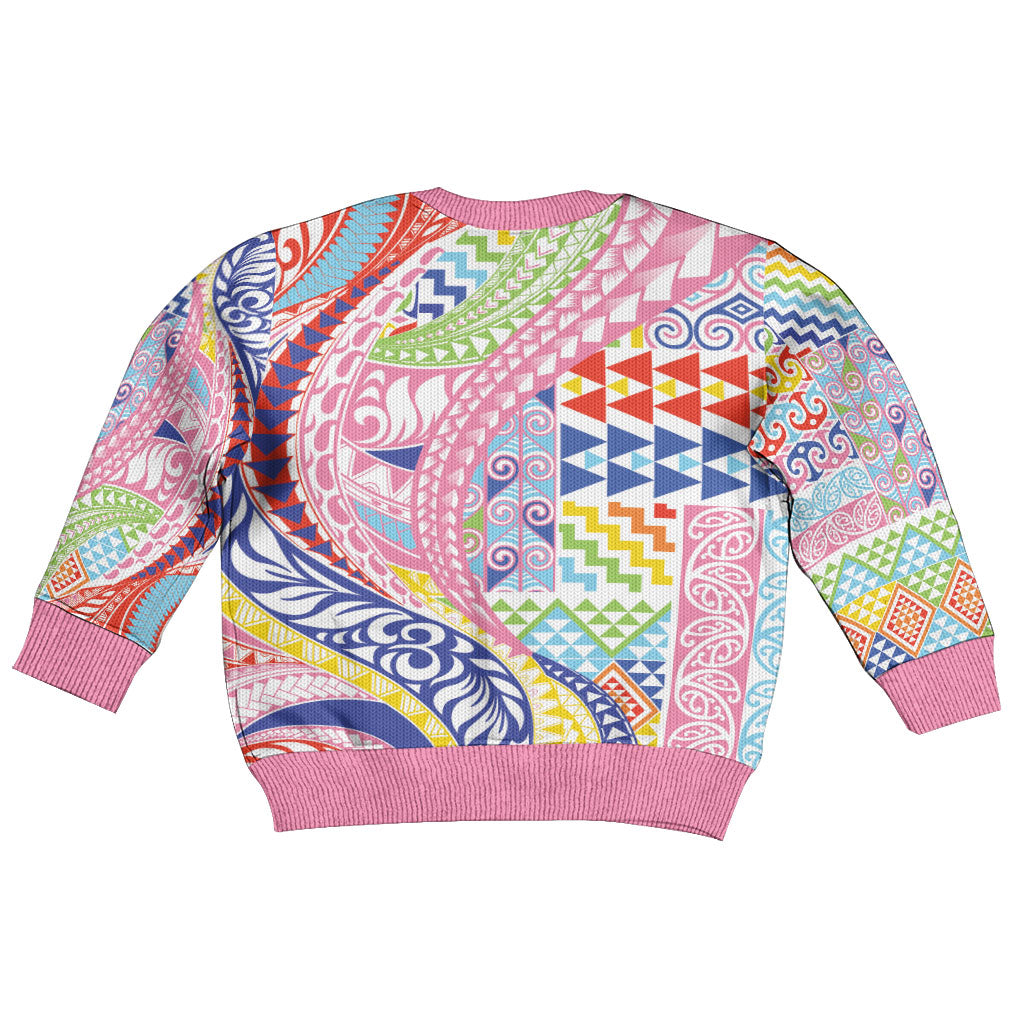 Maori Kowhaiwhai Taniko Patchwork Rainbow Motifs Kid Ugly Christmas Sweater LT9 - Polynesian Pride