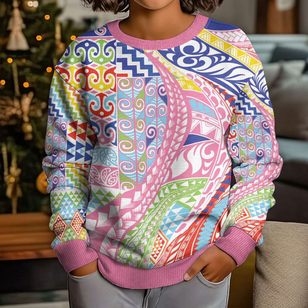 Maori Kowhaiwhai Taniko Patchwork Rainbow Motifs Kid Ugly Christmas Sweater LT9 - Polynesian Pride