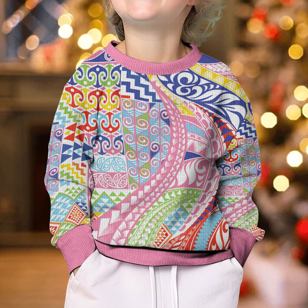 Maori Kowhaiwhai Taniko Patchwork Rainbow Motifs Kid Ugly Christmas Sweater LT9 - Polynesian Pride