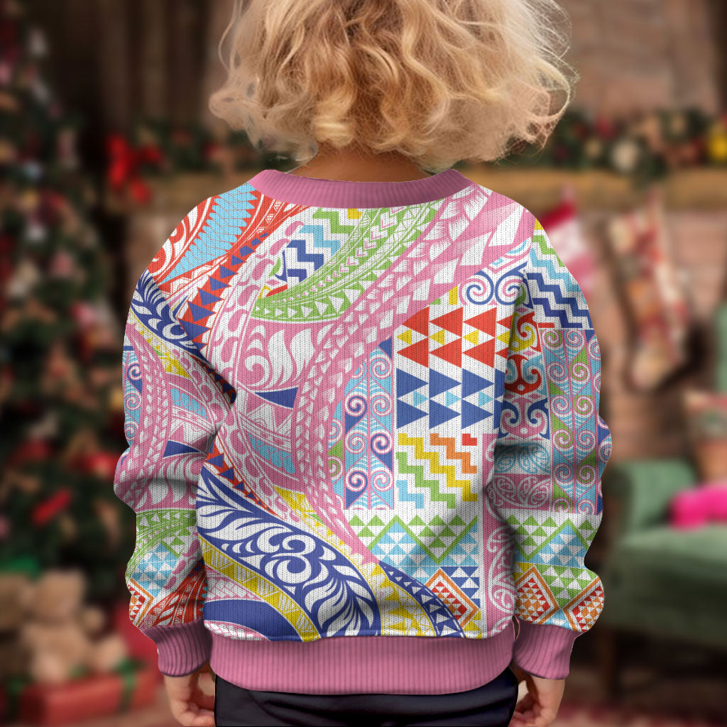 Maori Kowhaiwhai Taniko Patchwork Rainbow Motifs Kid Ugly Christmas Sweater LT9 - Polynesian Pride