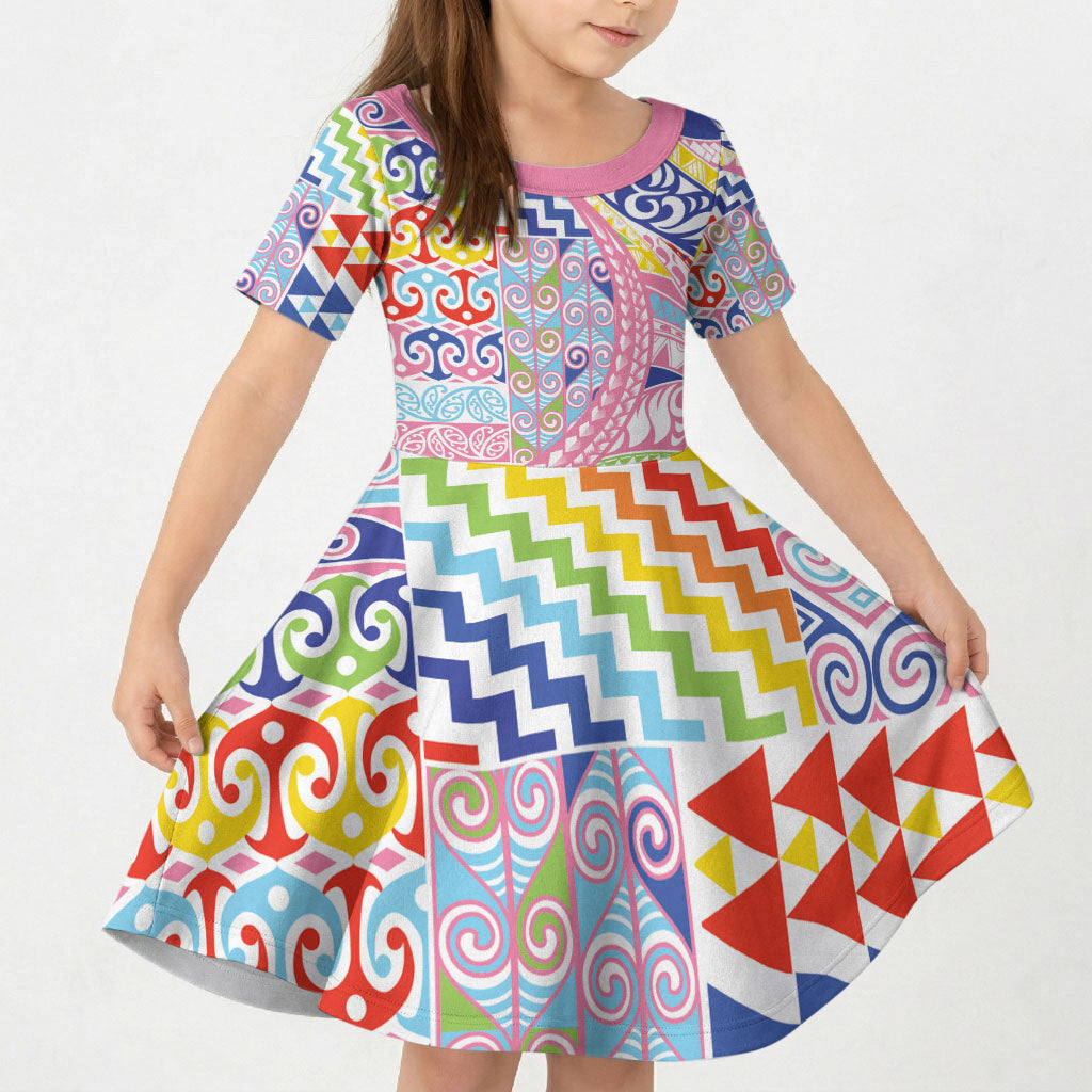 Maori Kowhaiwhai Taniko Patchwork Rainbow Motifs Kid Short Sleeve Dress LT9 KID Rainbow - Polynesian Pride