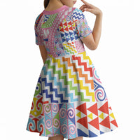 Maori Kowhaiwhai Taniko Patchwork Rainbow Motifs Kid Short Sleeve Dress LT9 - Polynesian Pride