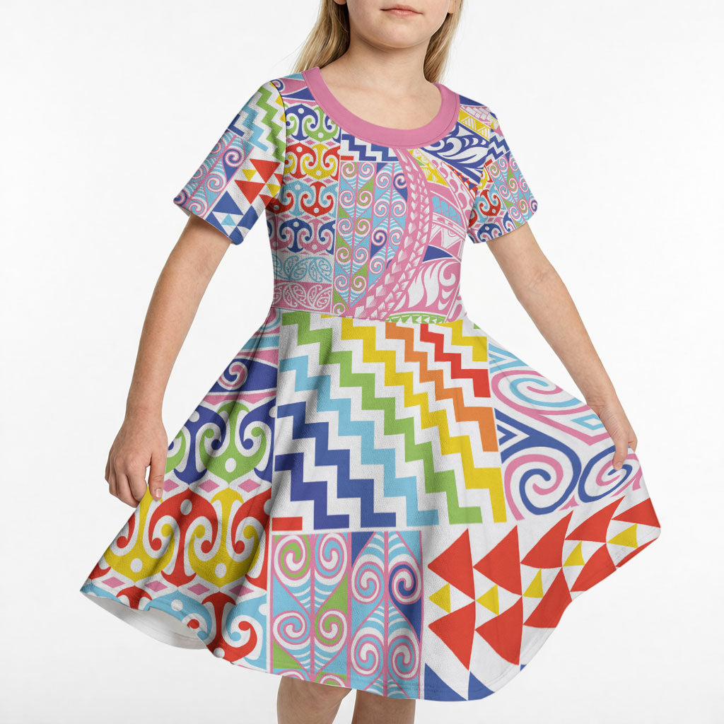 Maori Kowhaiwhai Taniko Patchwork Rainbow Motifs Kid Short Sleeve Dress LT9 - Polynesian Pride
