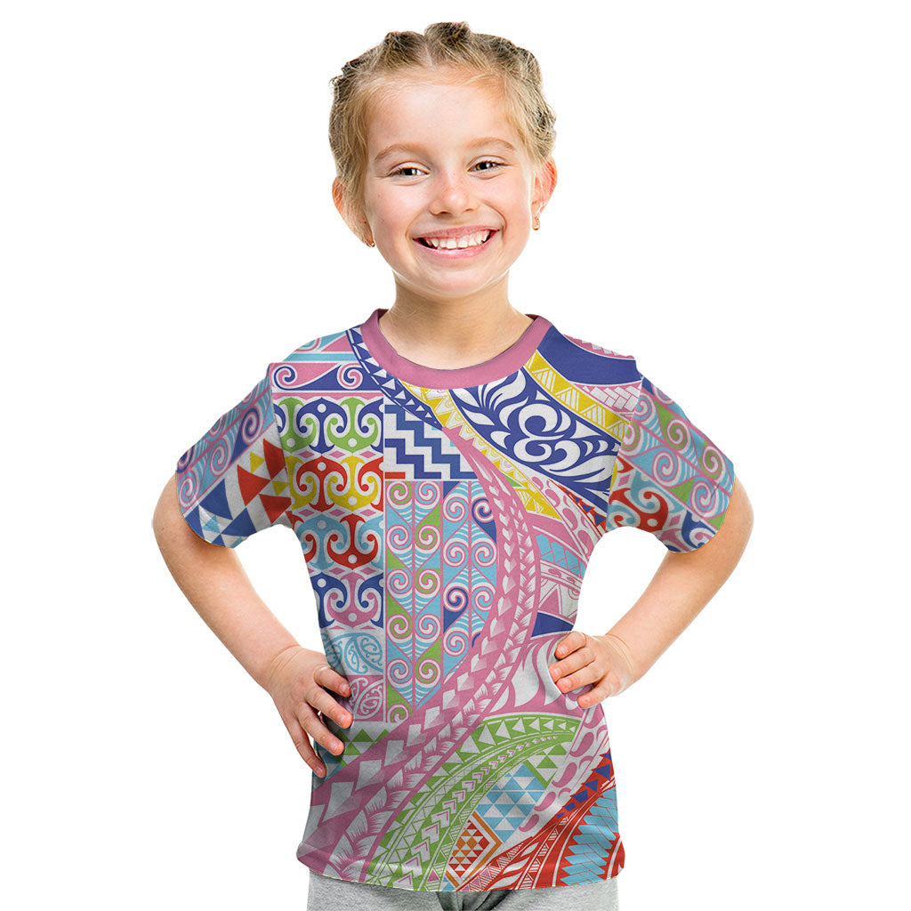 Maori Kowhaiwhai Taniko Patchwork Rainbow Motifs Kid T Shirt LT9 Rainbow - Polynesian Pride