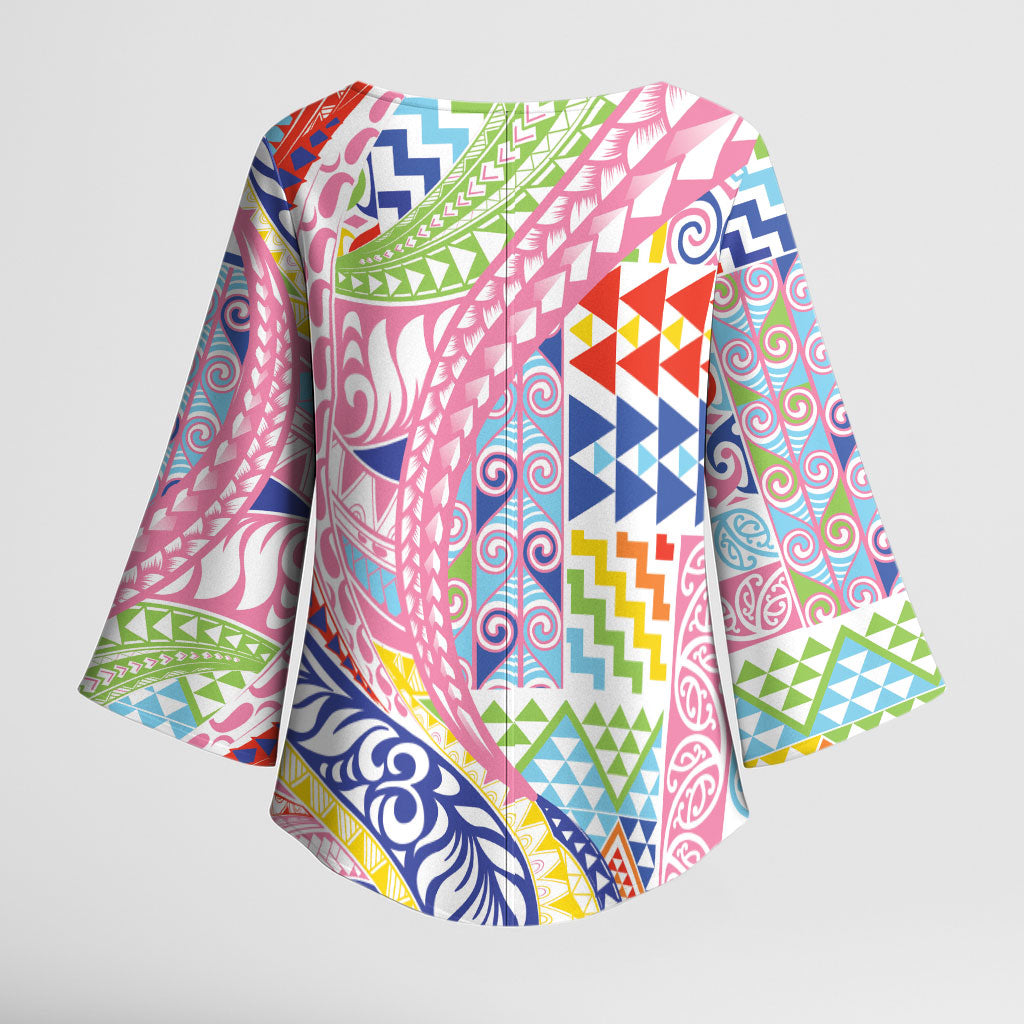 Maori Kowhaiwhai Taniko Patchwork Rainbow Motifs Kimono Sleeve Blouse LT9 - Polynesian Pride