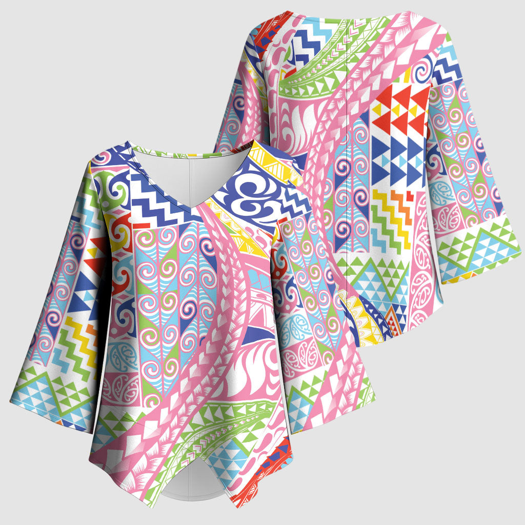 Maori Kowhaiwhai Taniko Patchwork Rainbow Motifs Kimono Sleeve Blouse LT9 - Polynesian Pride