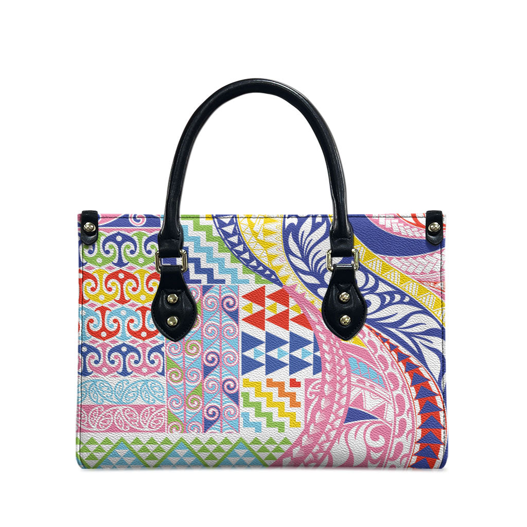 Maori Kowhaiwhai Taniko Patchwork Rainbow Motifs Leather Bag LT9 - Polynesian Pride