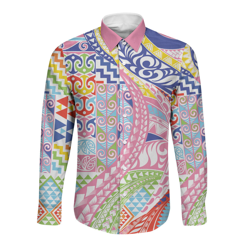 Maori Kowhaiwhai Taniko Patchwork Rainbow Motifs Long Sleeve Button Shirt