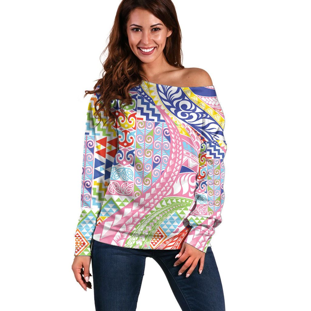 Maori Kowhaiwhai Taniko Patchwork Rainbow Motifs Off Shoulder Sweater LT9 Women Rainbow - Polynesian Pride