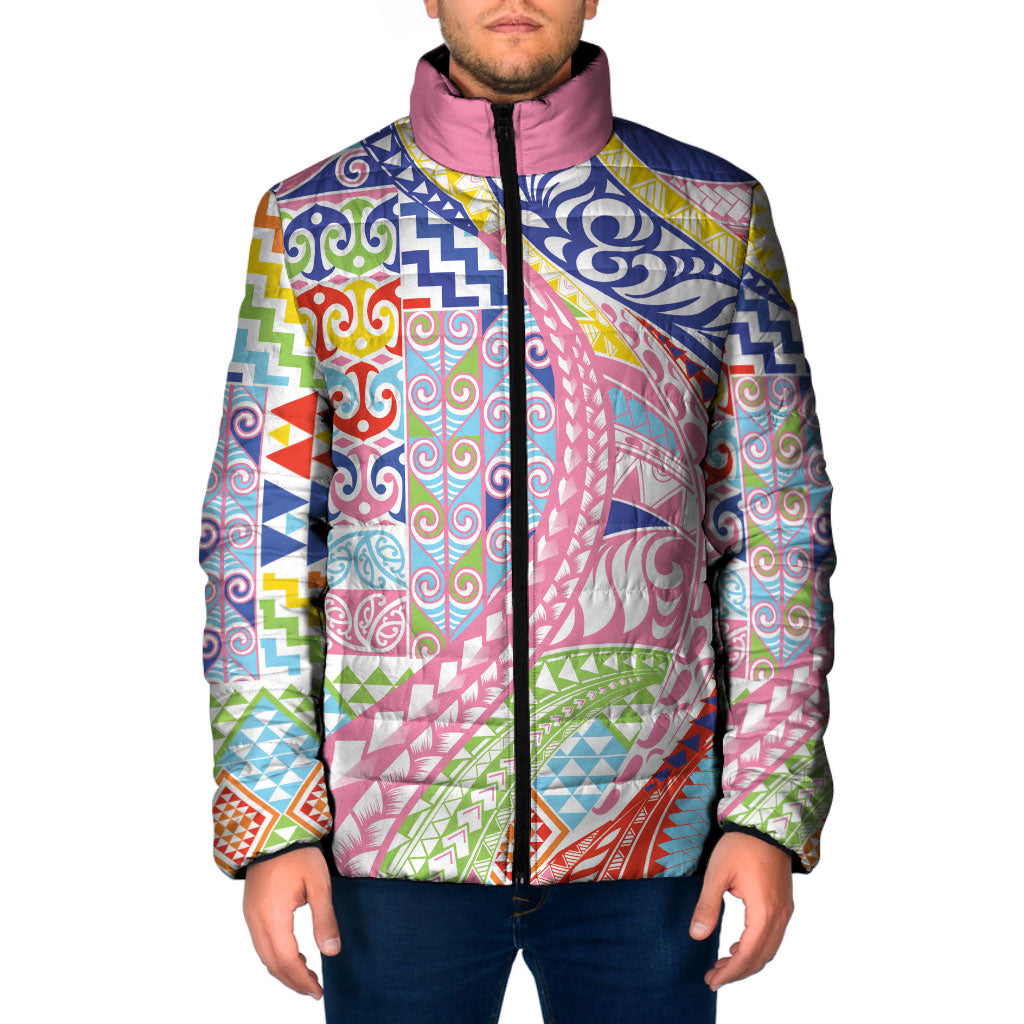 Maori Kowhaiwhai Taniko Patchwork Rainbow Motifs Padded Jacket LT9 Men Rainbow - Polynesian Pride