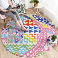 Maori Kowhaiwhai Taniko Patchwork Rainbow Motifs Round Carpet