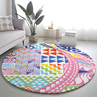 Maori Kowhaiwhai Taniko Patchwork Rainbow Motifs Round Carpet