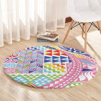 Maori Kowhaiwhai Taniko Patchwork Rainbow Motifs Round Carpet