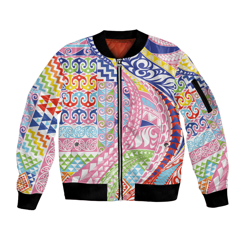 Maori Kowhaiwhai Taniko Patchwork Rainbow Motifs Sleeve Zip Bomber Jacket